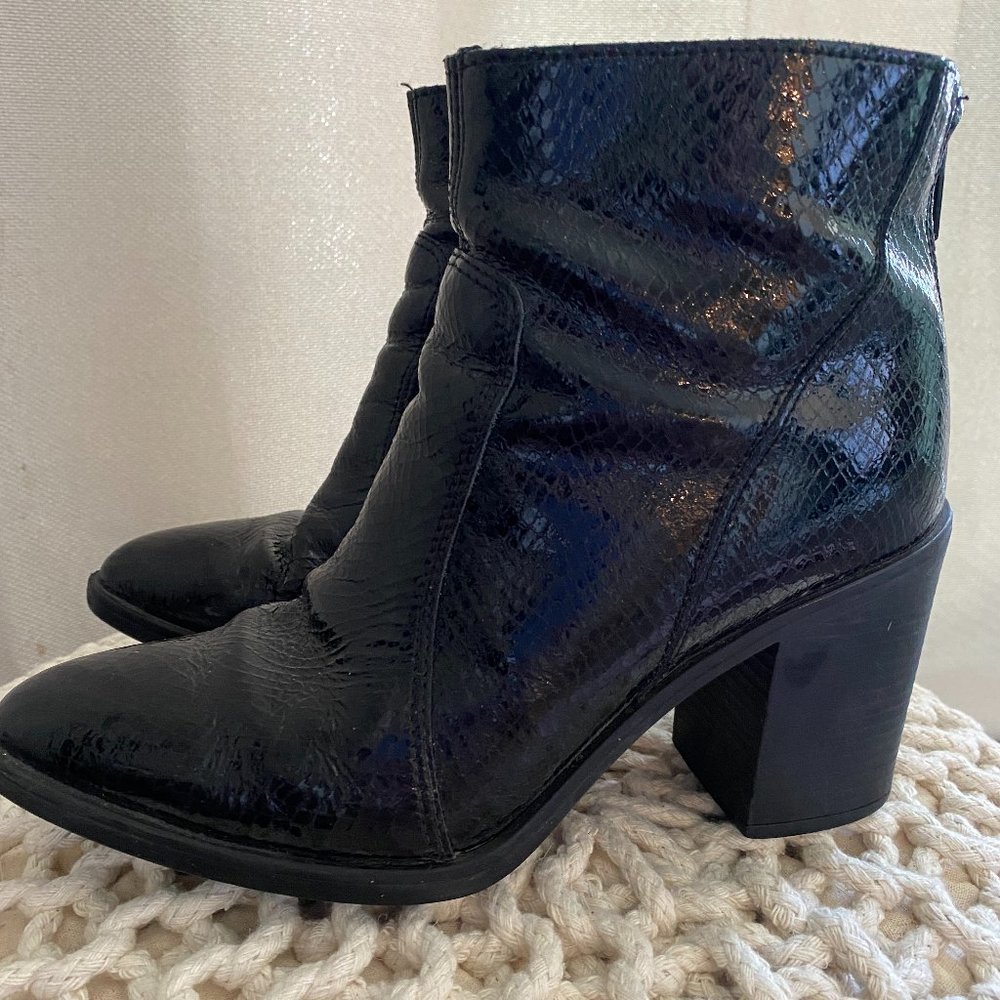 Faux snakeskin patent leather booties